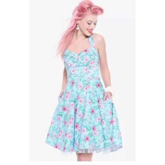 Hot Topic Blue Floral Tiki Swing Dress Retro Hawaiian Tropical SZ XS - Picture 1 of 11